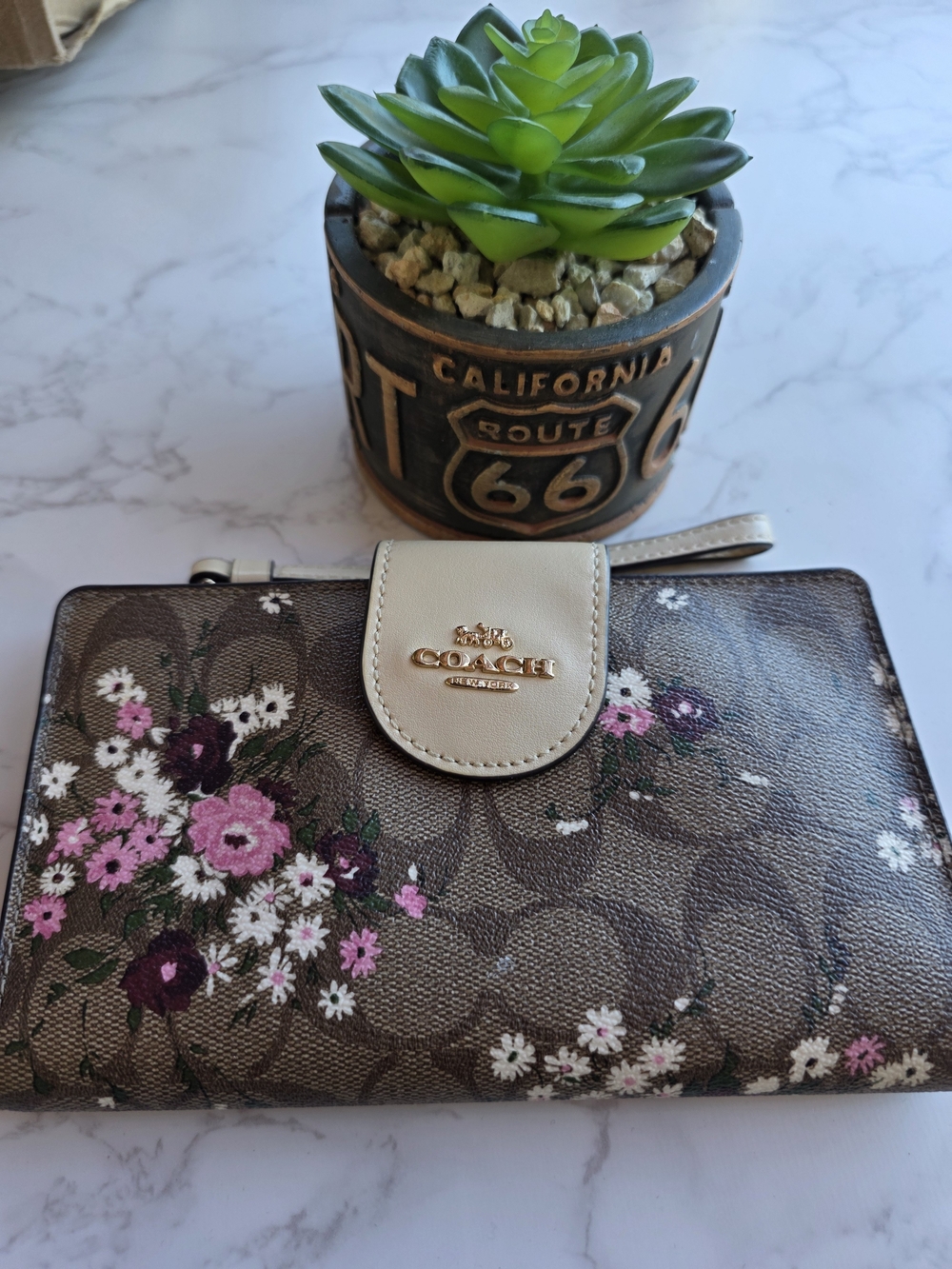 Coach Tech Phone Floral Brown Pink Signature Canvas Wallet